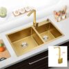 Stainless Steel Kitchen Sink Gold Rectangular Double Bowl Sink with Gold Drainer