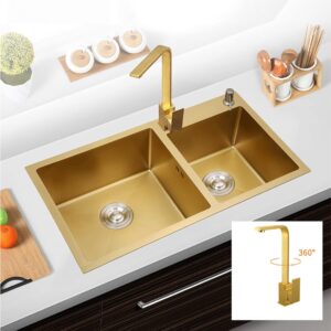 Stainless Steel Kitchen Sink Gold Rectangular Double Bowl Sink with Gold Drainer